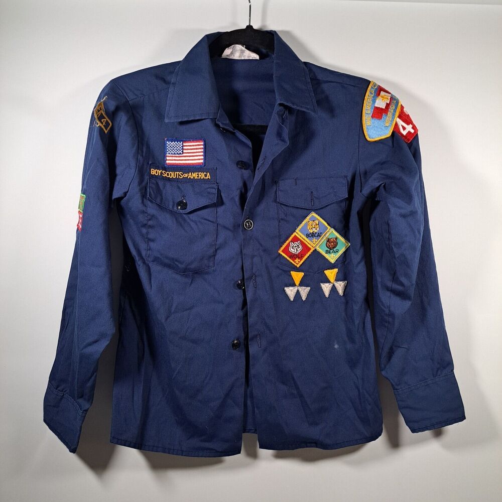 VINTAGE 1980s OFFICIAL CUB SCOUT SHIRT W / PATCHES SIZE-12 CAT. # 845